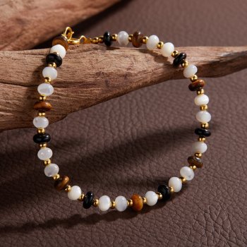 Natural Gemstone Bracelet With Tiger's Eye White Mother of Pearl